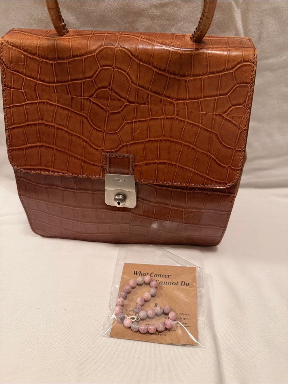 Prada Brown Croc-Embossed Top Handle with COA included cancer awareness bracelet - Picture 10 of 10
